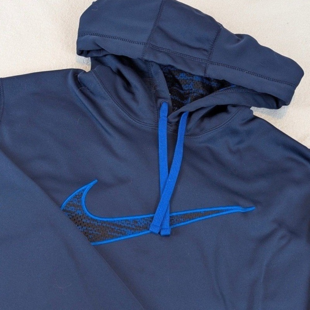 Nike Therma Fit Navy Blue Hoodie Athletic Pullover Men's XL Pockets Large Swoosh
